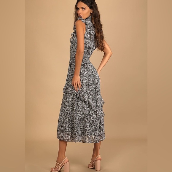 Lulu’s Evalina Black Floral Print Mock Neck Midi Dress - Picture 8 of 9